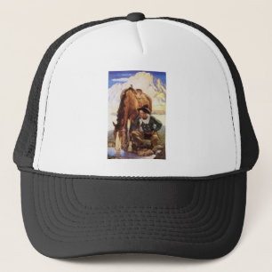 Cowboy Watering His Horse by NC Wyeth, Vintage Art Trucker Hat