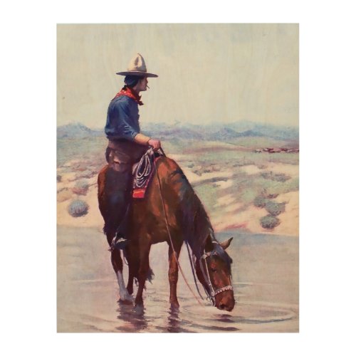 Cowboy Watering Horse by W Herbert Dunton Wood Wall Art