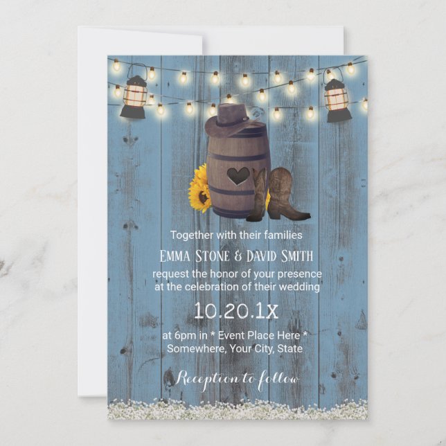 Cowboy Wedding Rustic Sunflower Lantern Dusty Blue Invitation (Front)