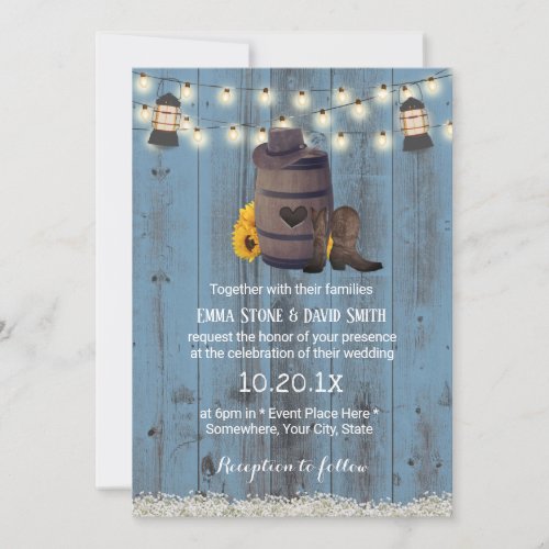 Cowboy Wedding Rustic Sunflower Lantern Dusty Blue Invitation