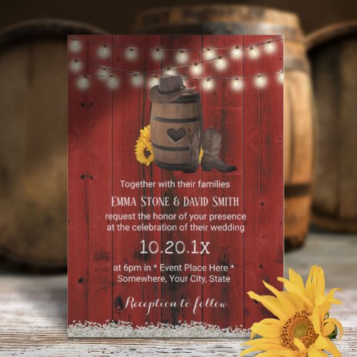 Cowboy Wedding Rustic Sunflower Red Barn Wood Invitation