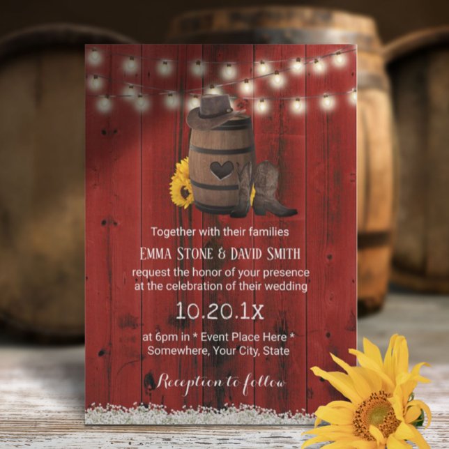 Cowboy Wedding Rustic Sunflower Red Barn Wood Invitation (Creator Uploaded)