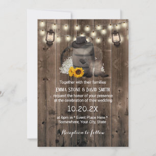 Cowboy Wedding Sunflower Lantern Rustic Barn Wood Invitation