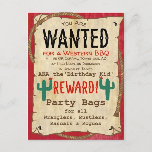Cowboy Western BBQ Birthday Party Wanted Poster Invitation Postcard
