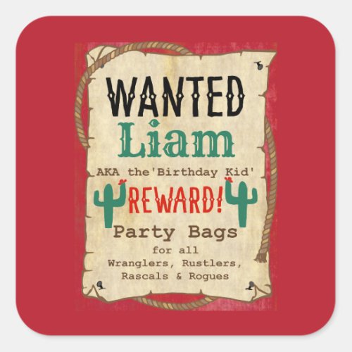 Cowboy Western BBQ Birthday Party Wanted Poster Square Sticker