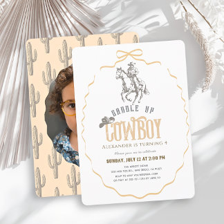 Cowboy Western Beige Bow Photo Birthday Invitation