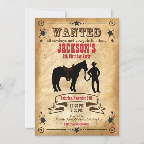 Cowboy Western Birthday Invitation  Wanted Poster