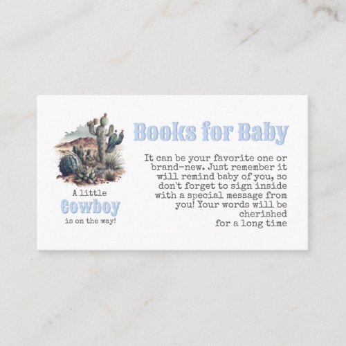 Cowboy Western Blue Boy Books for Baby Shower Enclosure Card