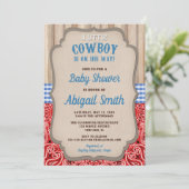 Cowboy western blue red bandana rustic baby shower invitation (Standing Front)