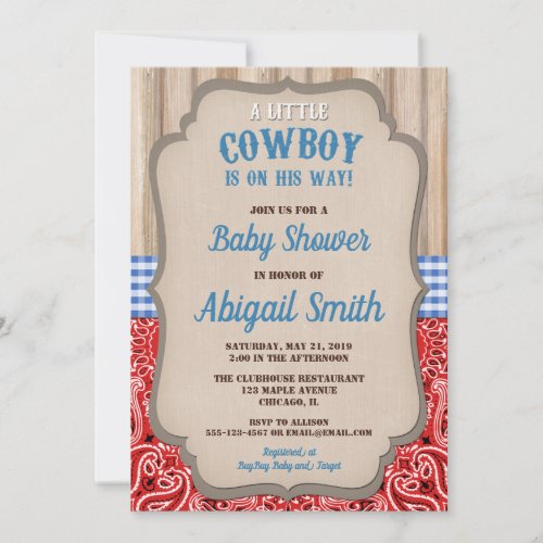 Cowboy western blue red bandana rustic baby shower invitation