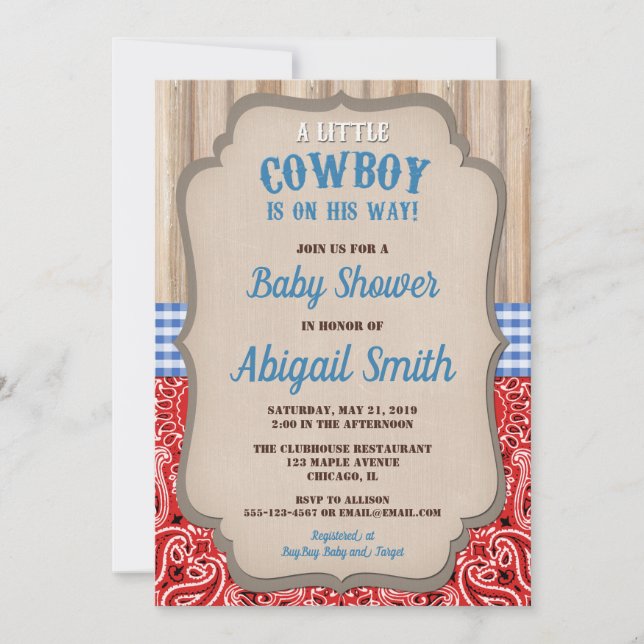 Cowboy western blue red bandana rustic baby shower invitation (Front)