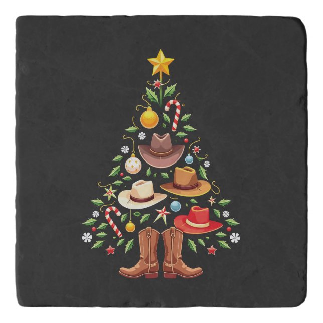Cowboy Western Christmas Tree Santa  Trivet (Front)