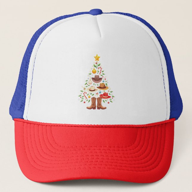 Cowboy Western Christmas Tree Santa  Trucker Hat (Front)