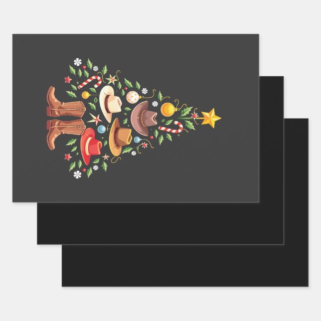 Cowboy Western Christmas Tree Santa  Wrapping Paper Sheets (Set)