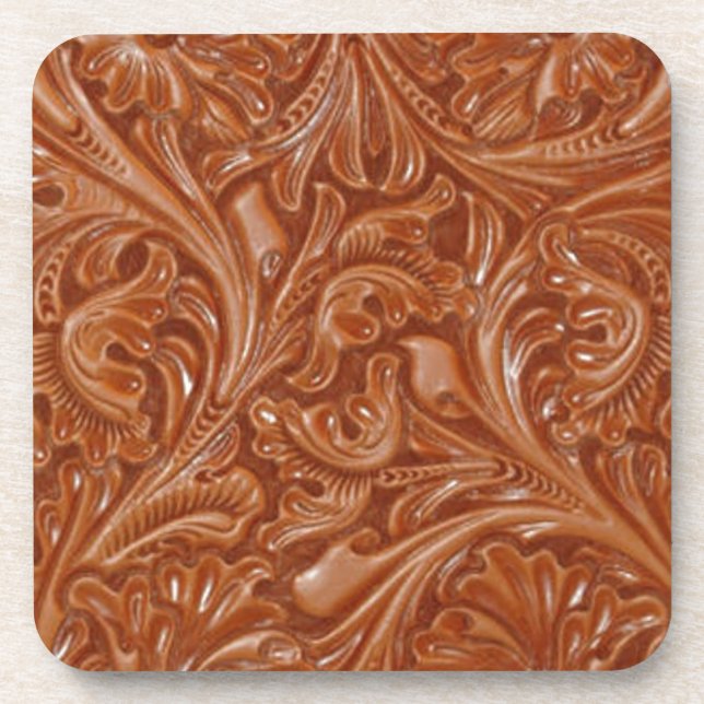 cowboy western country pattern tooled leather beverage coaster (Front)