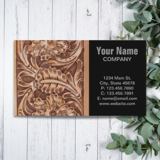 cowboy western country pattern tooled leather business card