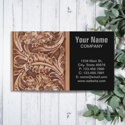 Rustic western country pattern tooled leather business card template