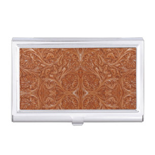 cowboy western country pattern tooled leather business card case