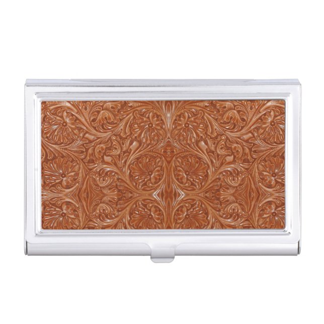 cowboy western country pattern tooled leather business card case (Front)