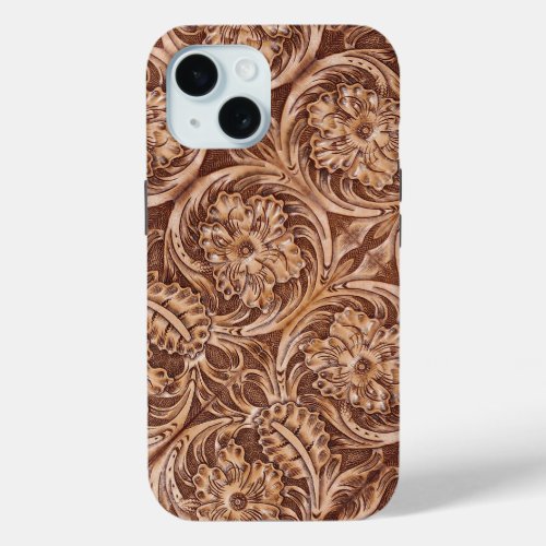 cowboy western country pattern tooled leather iPhone 15 case