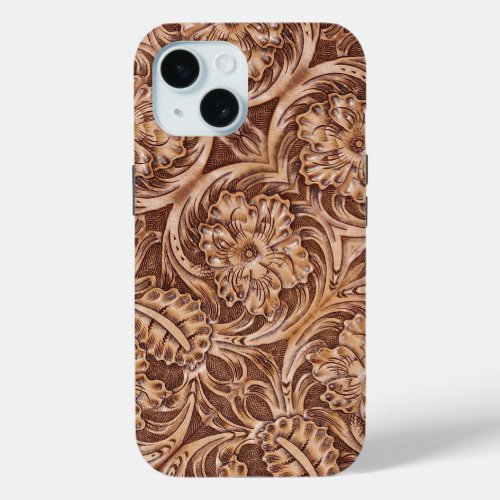 cowboy western country pattern tooled leather iPhone 15 case