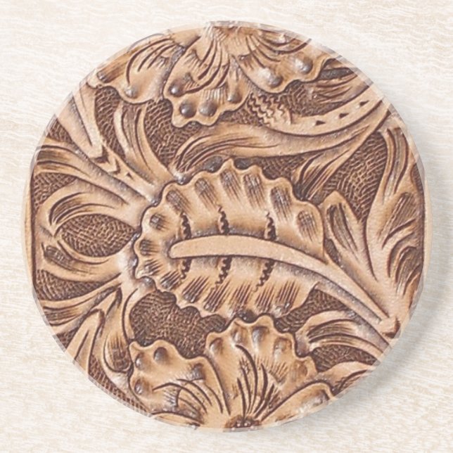 cowboy western country pattern tooled leather coaster (Front)