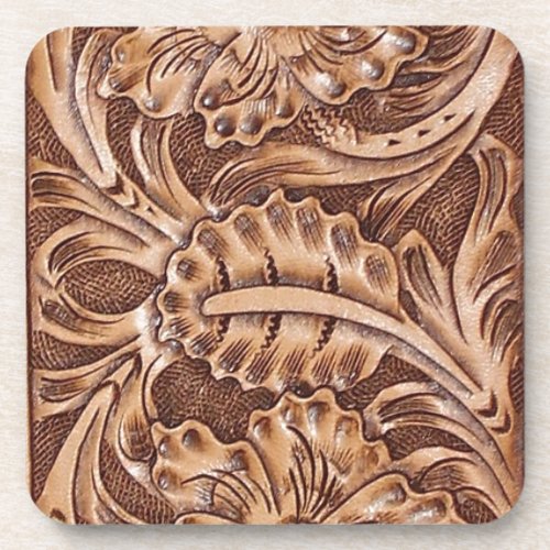 cowboy western country pattern tooled leather drink coaster