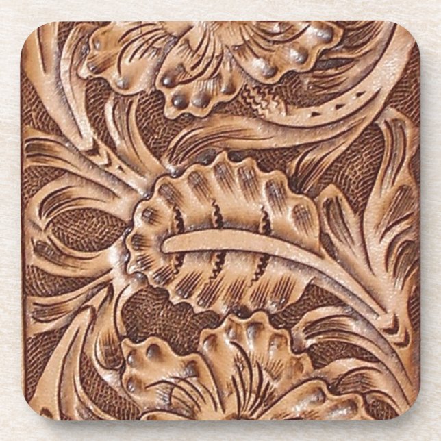 cowboy western country pattern tooled leather drink coaster (Front)