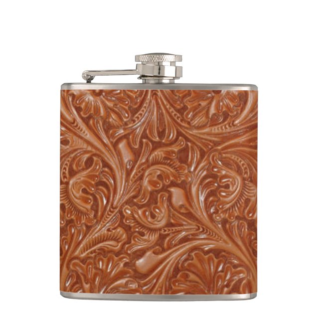 cowboy western country pattern tooled leather flask (Front)