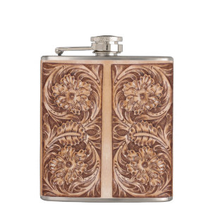 cowboy western country pattern tooled leather hip flask