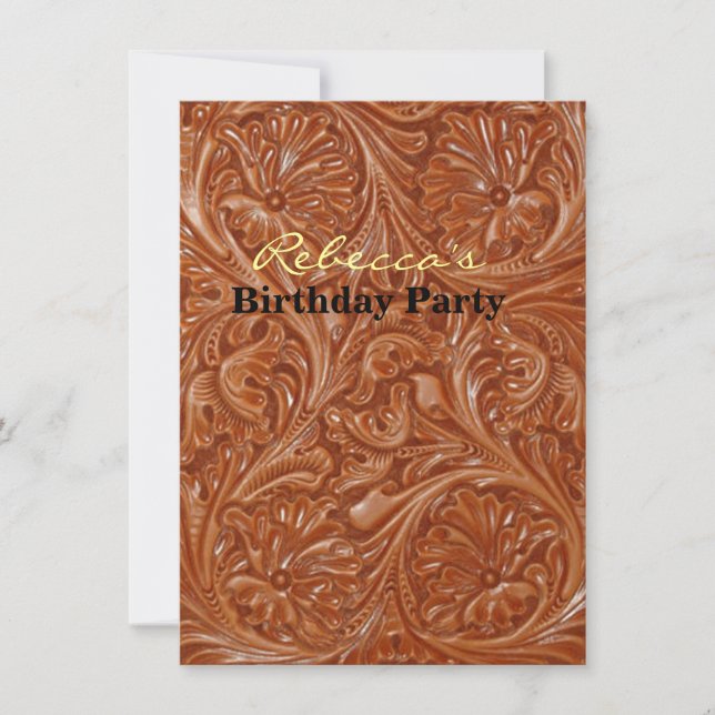 cowboy western country pattern tooled leather invitation (Front)