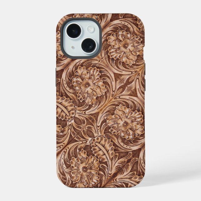 cowboy western country pattern tooled leather iphone case (Back)
