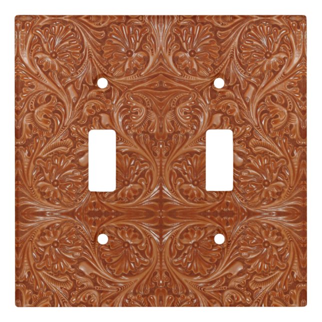 cowboy western country pattern tooled leather light switch cover (Front)