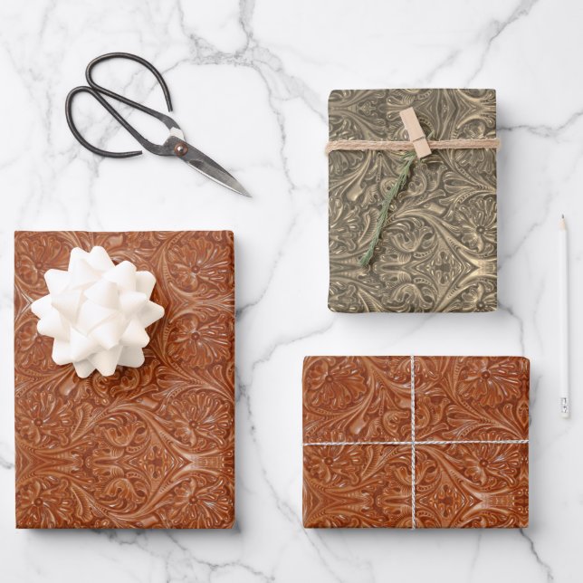cowboy western country pattern tooled leather wrapping paper sheets (Front)