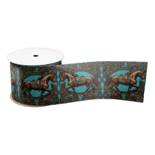 Cowboy Western Country Teal Blue Brown Horse Satin Ribbon