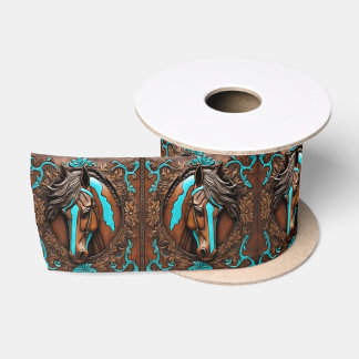 Cowboy Western Country Turquoise Blue Brown Horse Satin Ribbon