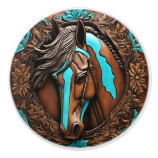 Cowboy Western Country Turquoise Brown Horse Ceramic Knob