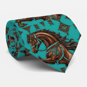Cowboy Western Country Turquoise Brown Horse Neck Tie