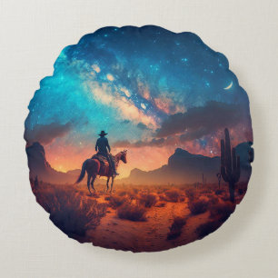 Cowboy Western Desert Night Ride Cactus Round Pillow