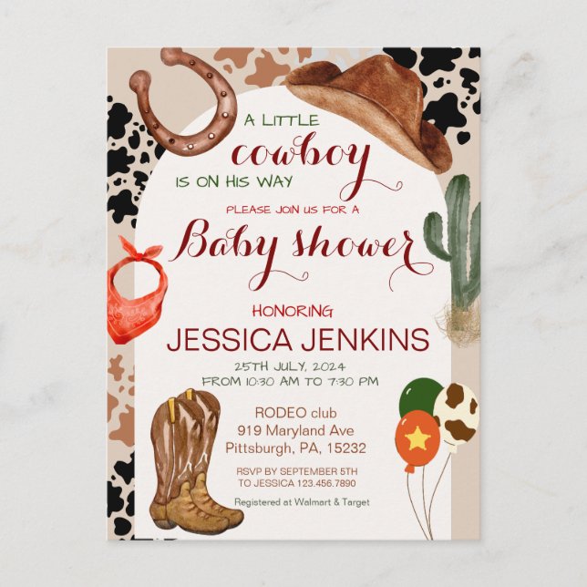 Cowboy Western Hat Boots Baby Shower Postcard (Front)