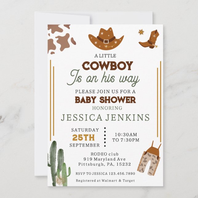 Cowboy Western Hat Boots Denim Boy Baby Shower  Invitation (Front)
