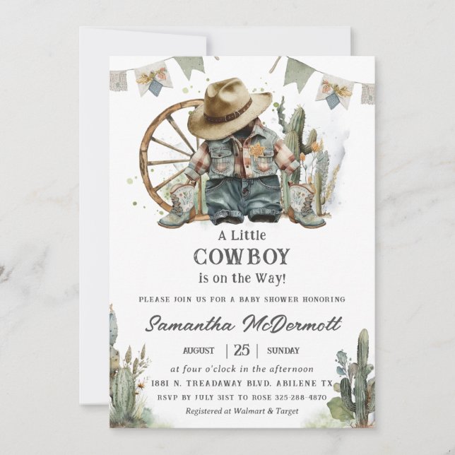 Cowboy Western Hat Boots Denim Boy Baby Shower  Invitation (Front)