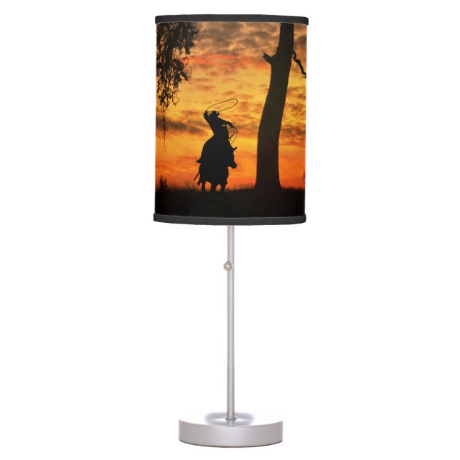 Cowboy Western Horse and Steer Roping Sunset Table Lamp (Front)