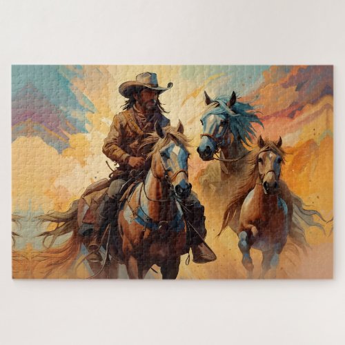 Cowboy Western Horses blue Tan Collage Jigsaw Puzzle