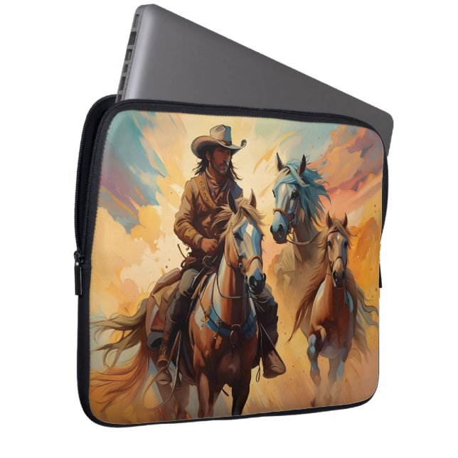Cowboy Western Horses blue Tan Collage Laptop Sleeve (Front Right)