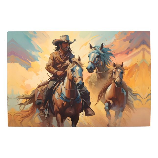 Cowboy Western Horses blue Tan Collage Metal Print (Front)