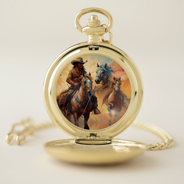 Cowboy Western Horses blue Tan Collage Pocket Watch (Inside)