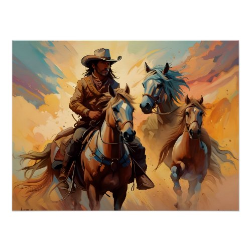 Cowboy Western Horses blue Tan Collage Poster