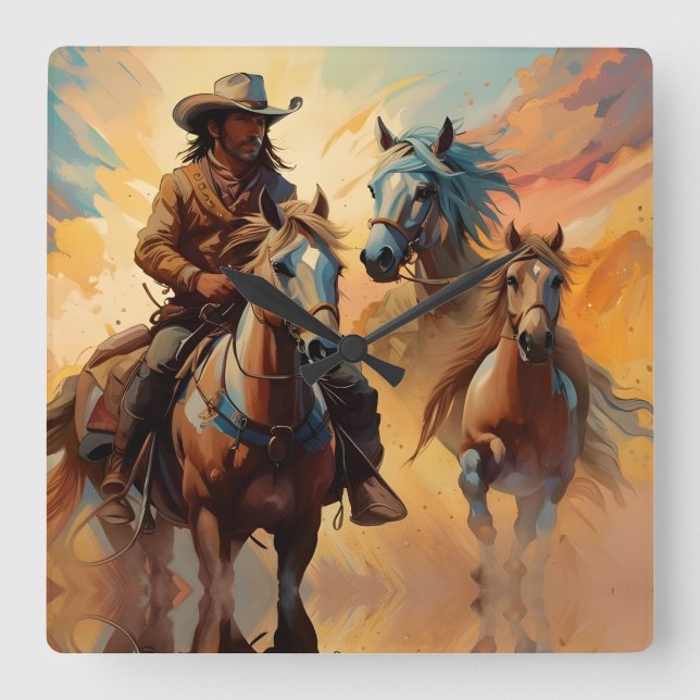 Cowboy Western Horses blue Tan Collage Square Wall Clock (Front)