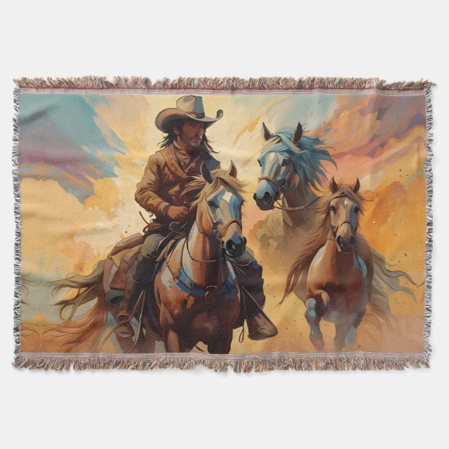 Cowboy Western Horses blue Tan Collage Throw Blanket (Front)